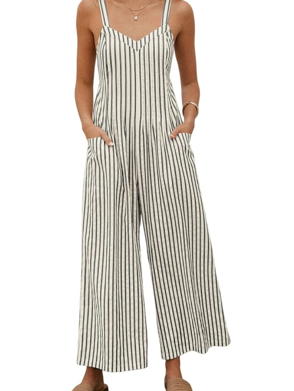 Cupshe Cream and Black Striped Wide-Leg Jumpsuit